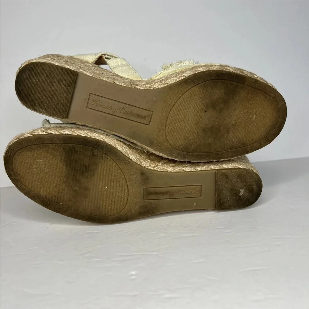 Tommy Bahama cream canvas espadrille wedge‎ heel sandals ankle strap women 7.5